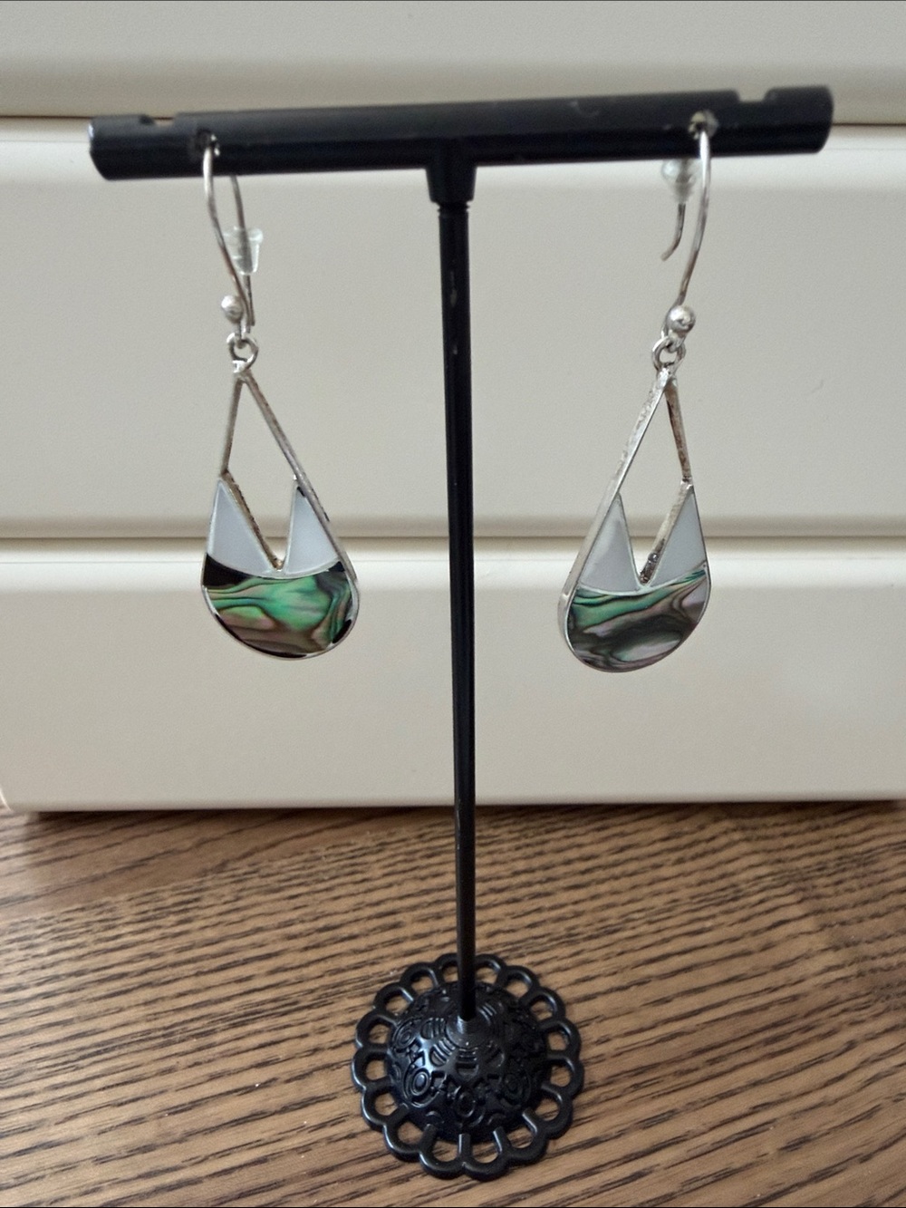 Silver, Abalone and Mother of Pearl Inlay Teardrop Shaped Earrings